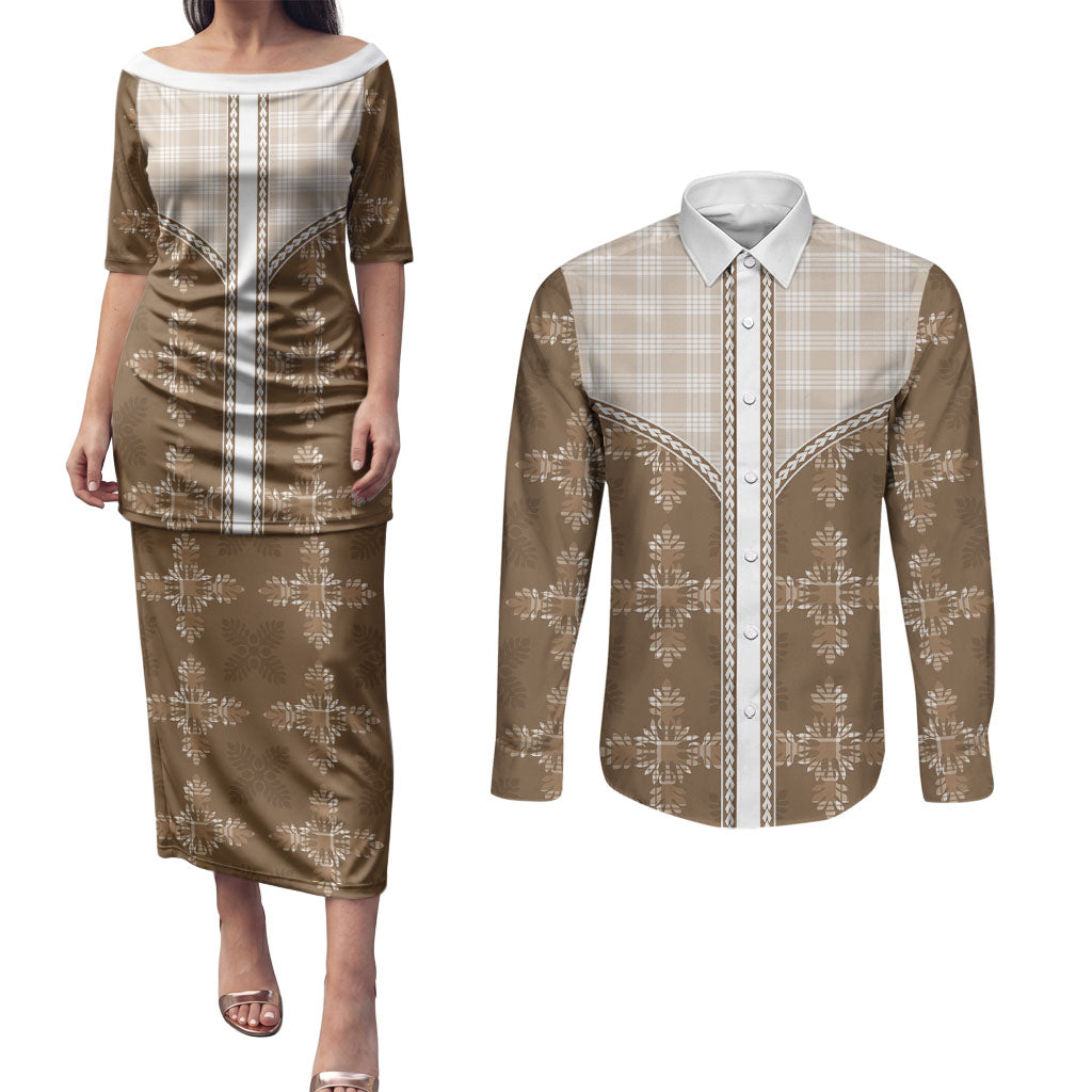 Beige Hawaii Paniolo Quilt Motif Couples Matching Puletasi and Long Sleeve Button Shirt