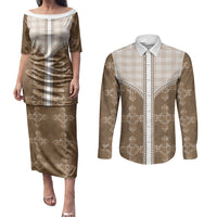 Beige Hawaii Paniolo Quilt Motif Couples Matching Puletasi and Long Sleeve Button Shirt