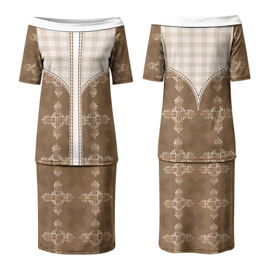 Beige Hawaii Paniolo Quilt Motif Couples Matching Puletasi and Long Sleeve Button Shirt