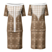Beige Hawaii Paniolo Quilt Motif Couples Matching Puletasi and Long Sleeve Button Shirt