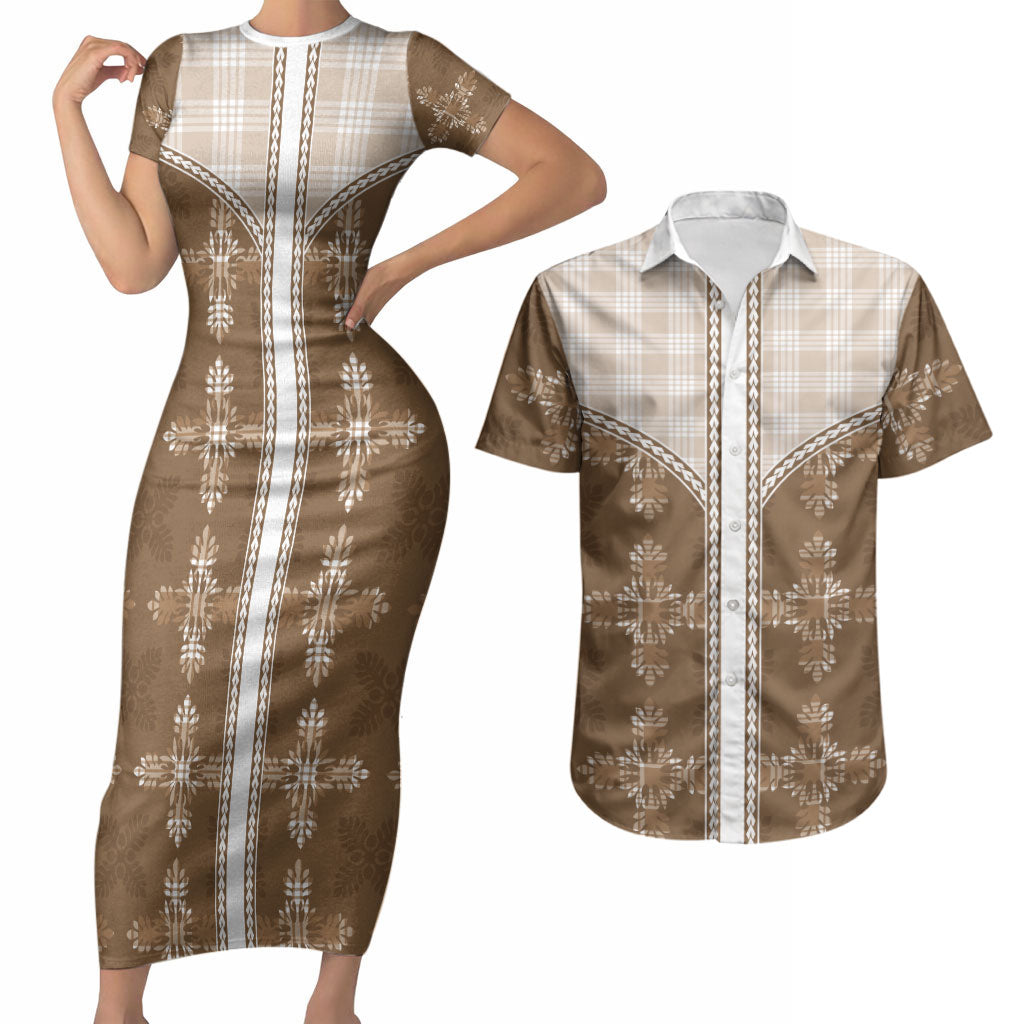 Beige Hawaii Paniolo Quilt Motif Couples Matching Short Sleeve Bodycon Dress and Hawaiian Shirt
