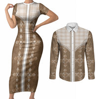 Beige Hawaii Paniolo Quilt Motif Couples Matching Short Sleeve Bodycon Dress and Long Sleeve Button Shirt