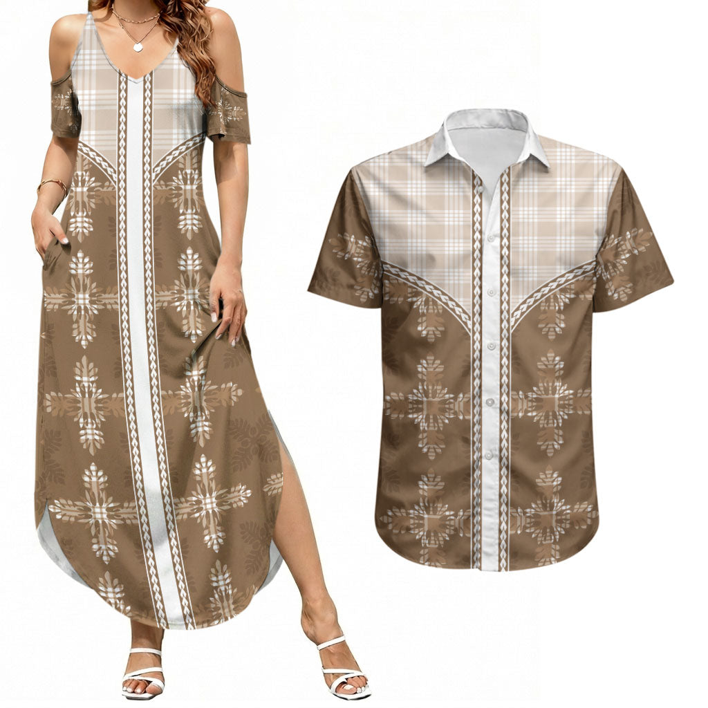 Beige Hawaii Paniolo Quilt Motif Couples Matching Summer Maxi Dress and Hawaiian Shirt
