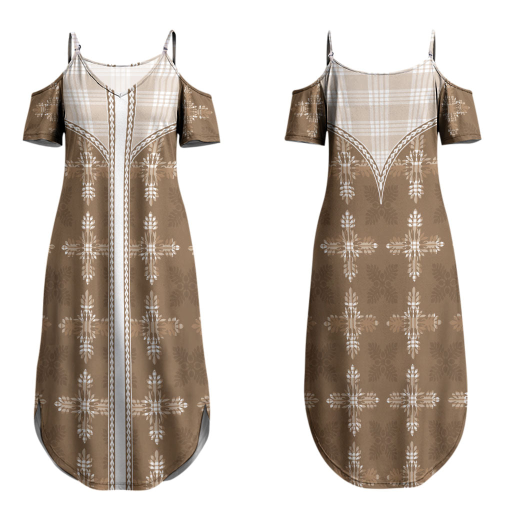 Beige Hawaii Paniolo Quilt Motif Couples Matching Summer Maxi Dress and Hawaiian Shirt
