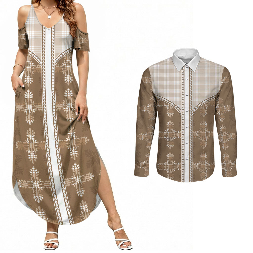 Beige Hawaii Paniolo Quilt Motif Couples Matching Summer Maxi Dress and Long Sleeve Button Shirt