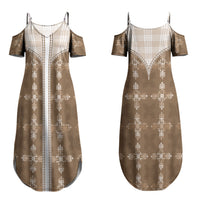 Beige Hawaii Paniolo Quilt Motif Couples Matching Summer Maxi Dress and Long Sleeve Button Shirt