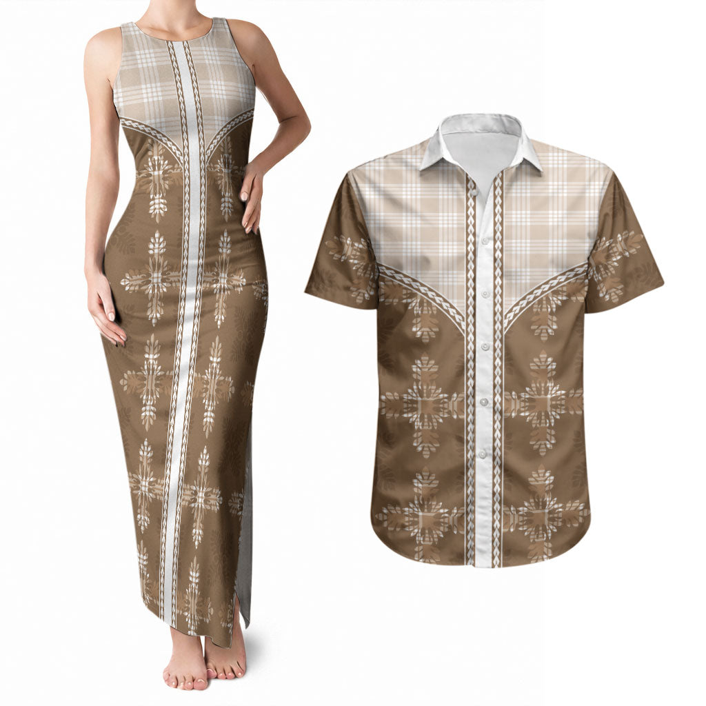 Beige Hawaii Paniolo Quilt Motif Couples Matching Tank Maxi Dress and Hawaiian Shirt