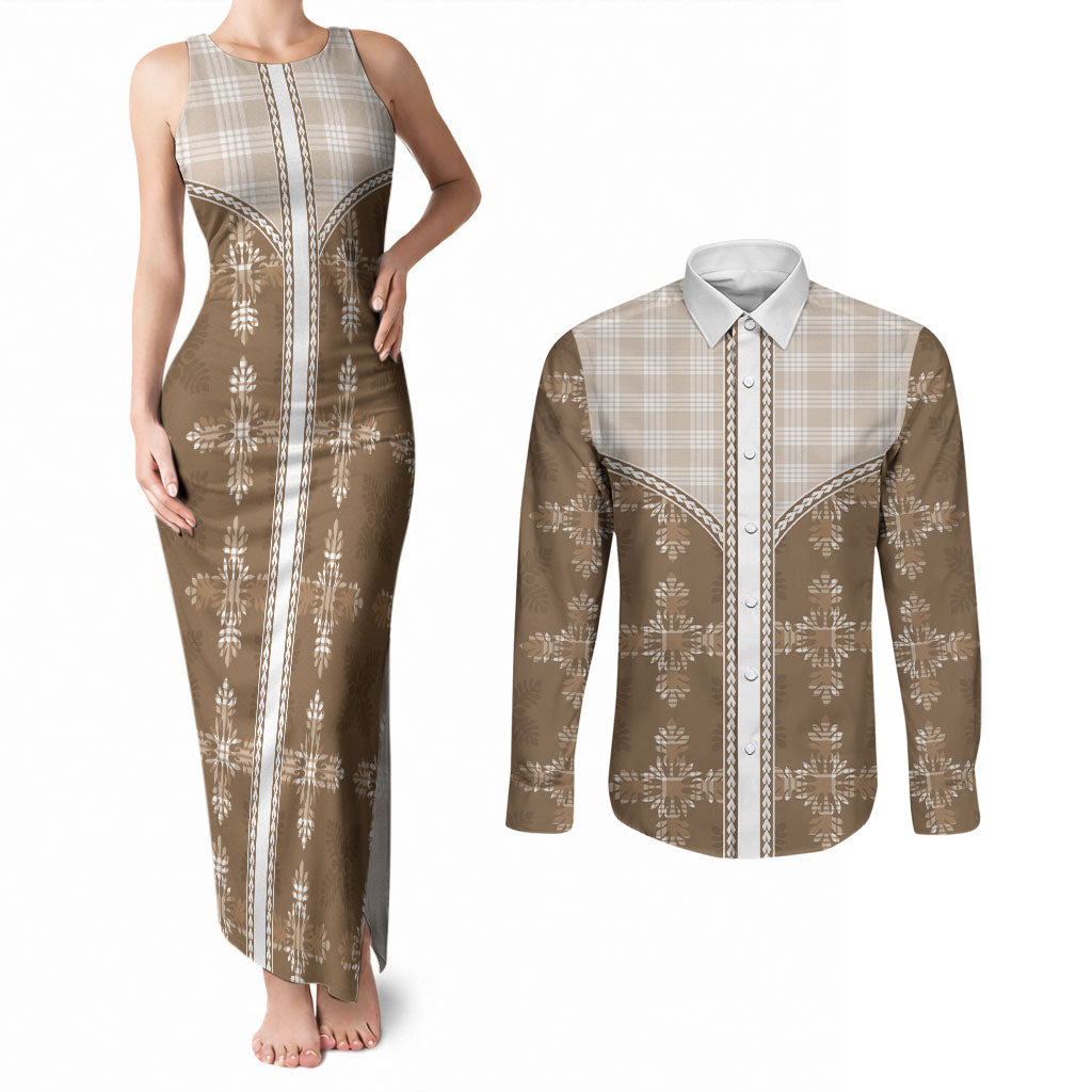 Beige Hawaii Paniolo Quilt Motif Couples Matching Tank Maxi Dress and Long Sleeve Button Shirt