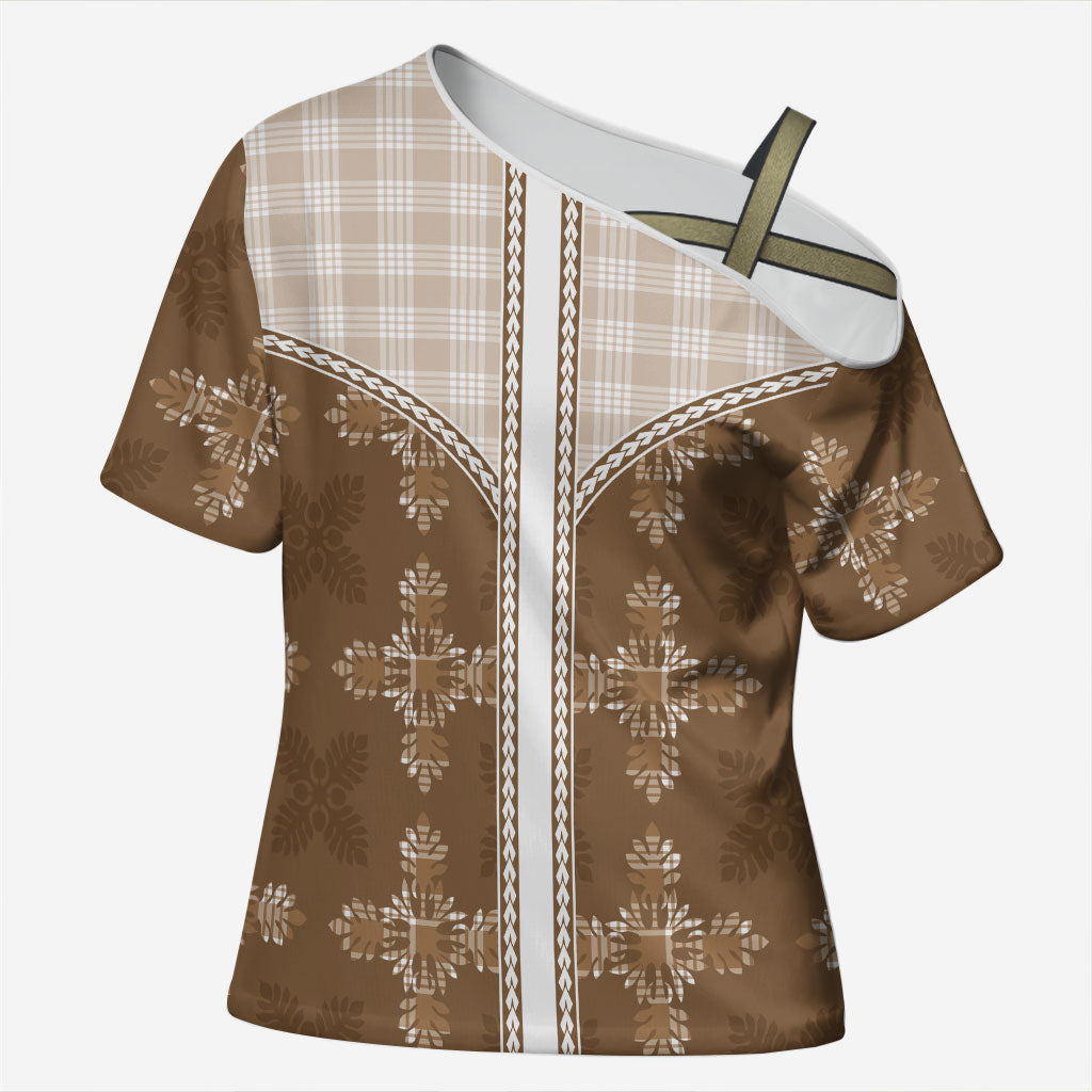 Beige Hawaii Paniolo Quilt Motif Cross Shoulder Shirt