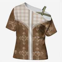 Beige Hawaii Paniolo Quilt Motif Cross Shoulder Shirt