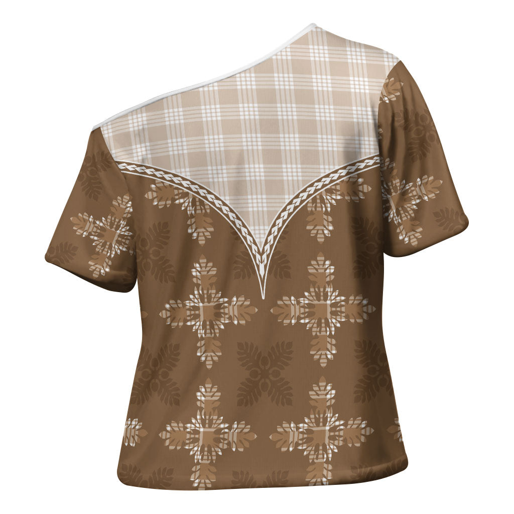 Beige Hawaii Paniolo Quilt Motif Cross Shoulder Shirt