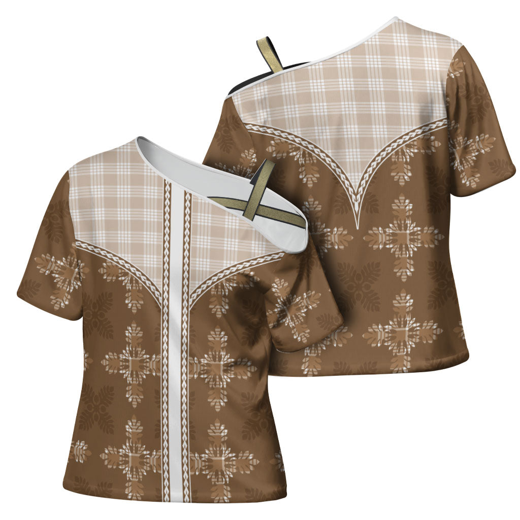 Beige Hawaii Paniolo Quilt Motif Cross Shoulder Shirt