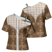Beige Hawaii Paniolo Quilt Motif Cross Shoulder Shirt