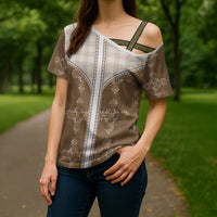 Beige Hawaii Paniolo Quilt Motif Cross Shoulder Shirt
