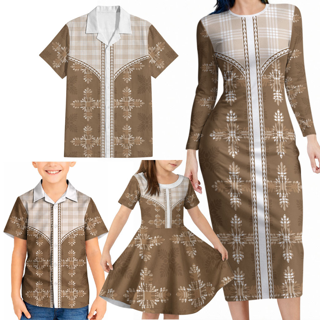 Beige Hawaii Paniolo Quilt Motif Family Matching Long Sleeve Bodycon Dress and Hawaiian Shirt