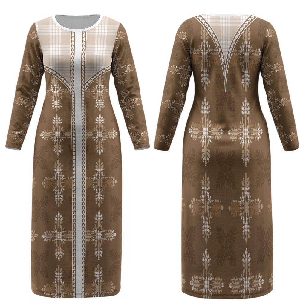 Beige Hawaii Paniolo Quilt Motif Family Matching Long Sleeve Bodycon Dress and Hawaiian Shirt