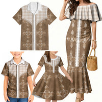 Beige Hawaii Paniolo Quilt Motif Family Matching Mermaid Dress and Hawaiian Shirt