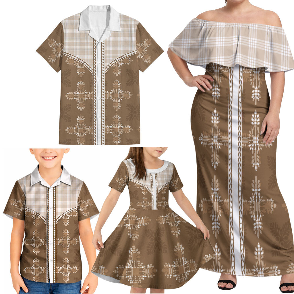 Beige Hawaii Paniolo Quilt Motif Family Matching Off Shoulder Maxi Dress and Hawaiian Shirt