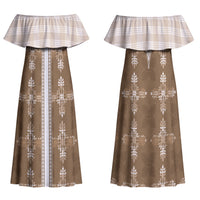 Beige Hawaii Paniolo Quilt Motif Family Matching Off Shoulder Maxi Dress and Hawaiian Shirt