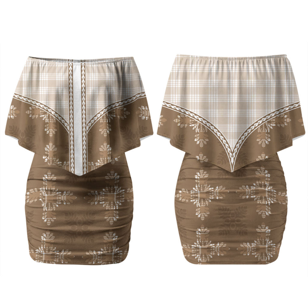 Beige Hawaii Paniolo Quilt Motif Family Matching Off Shoulder Short Dress and Hawaiian Shirt