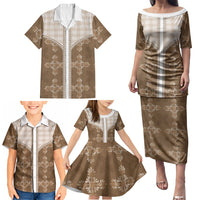 Beige Hawaii Paniolo Quilt Motif Family Matching Puletasi and Hawaiian Shirt