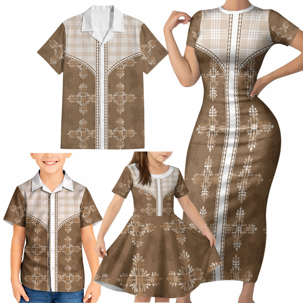 Beige Hawaii Paniolo Quilt Motif Family Matching Short Sleeve Bodycon Dress and Hawaiian Shirt