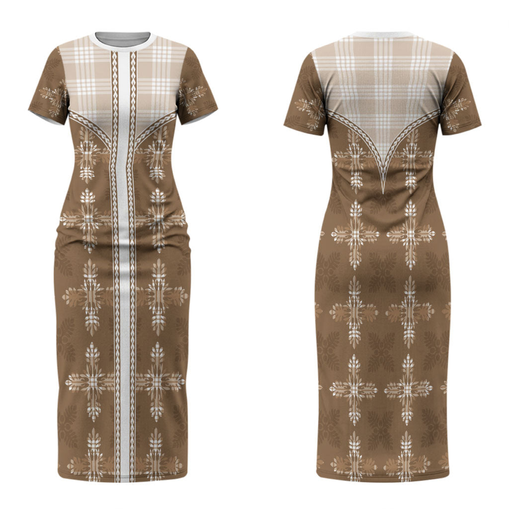 Beige Hawaii Paniolo Quilt Motif Family Matching Short Sleeve Bodycon Dress and Hawaiian Shirt