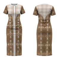 Beige Hawaii Paniolo Quilt Motif Family Matching Short Sleeve Bodycon Dress and Hawaiian Shirt