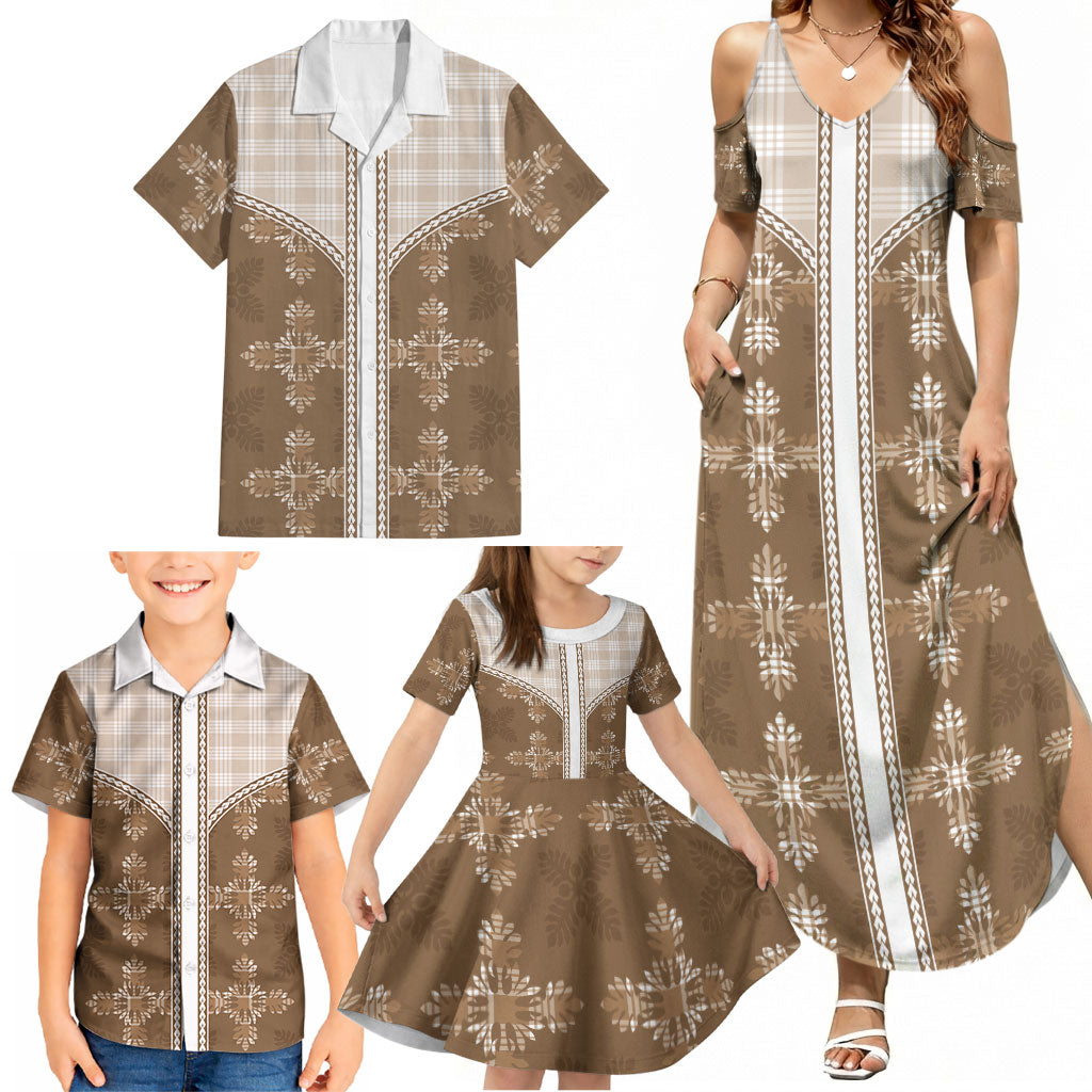 Beige Hawaii Paniolo Quilt Motif Family Matching Summer Maxi Dress and Hawaiian Shirt