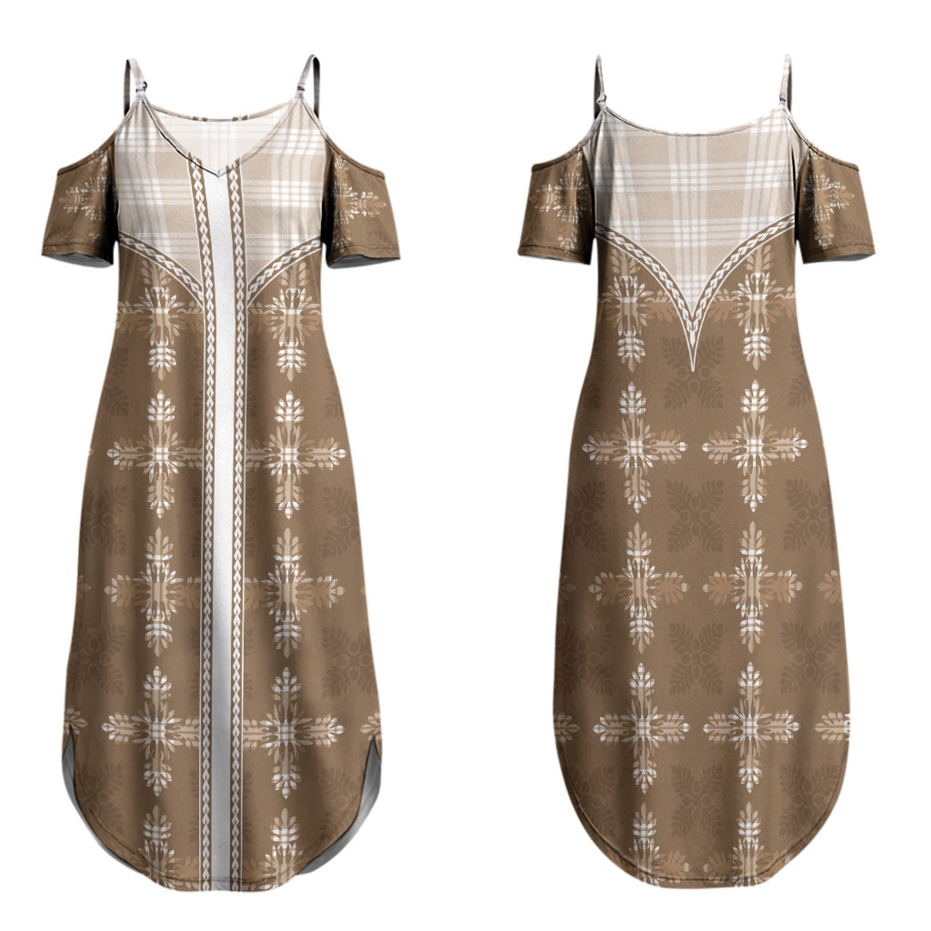 Beige Hawaii Paniolo Quilt Motif Family Matching Summer Maxi Dress and Hawaiian Shirt