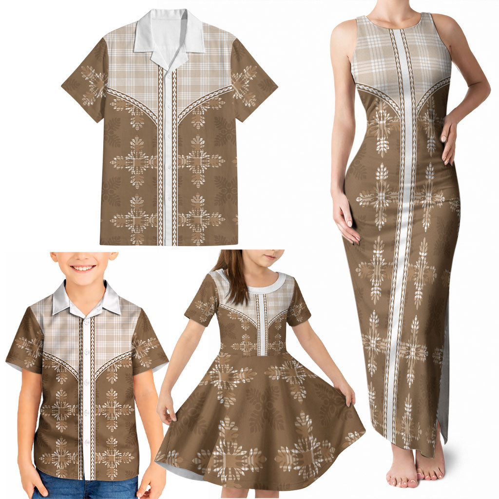 Beige Hawaii Paniolo Quilt Motif Family Matching Tank Maxi Dress and Hawaiian Shirt