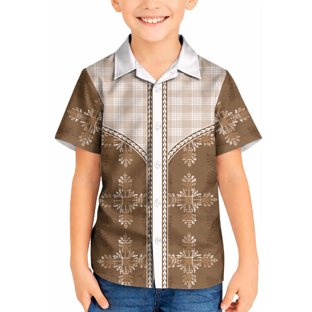 Beige Hawaii Paniolo Quilt Motif Kid Hawaiian Shirt