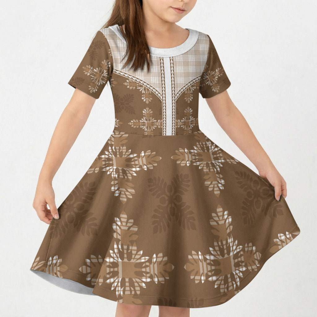 Beige Hawaii Paniolo Quilt Motif Kid Short Sleeve Dress