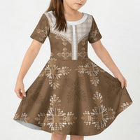Beige Hawaii Paniolo Quilt Motif Kid Short Sleeve Dress
