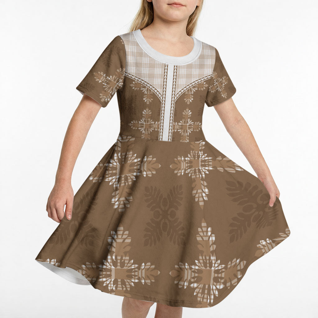 Beige Hawaii Paniolo Quilt Motif Kid Short Sleeve Dress