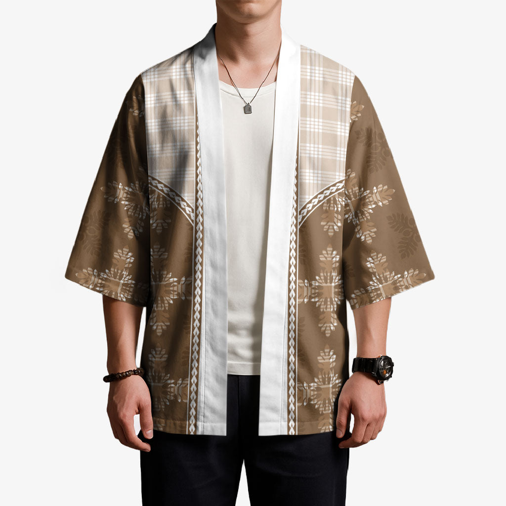 Beige Hawaii Paniolo Quilt Motif Kimono