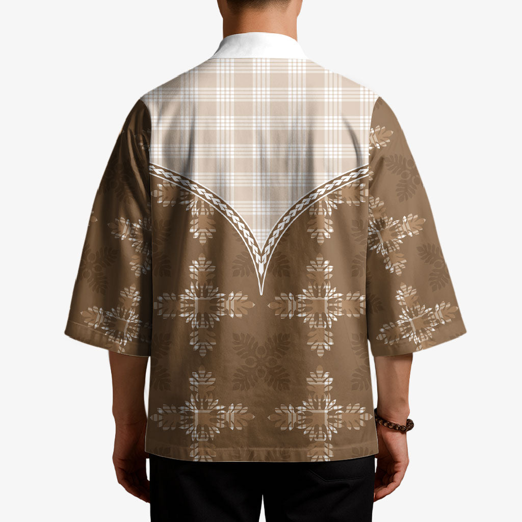 Beige Hawaii Paniolo Quilt Motif Kimono