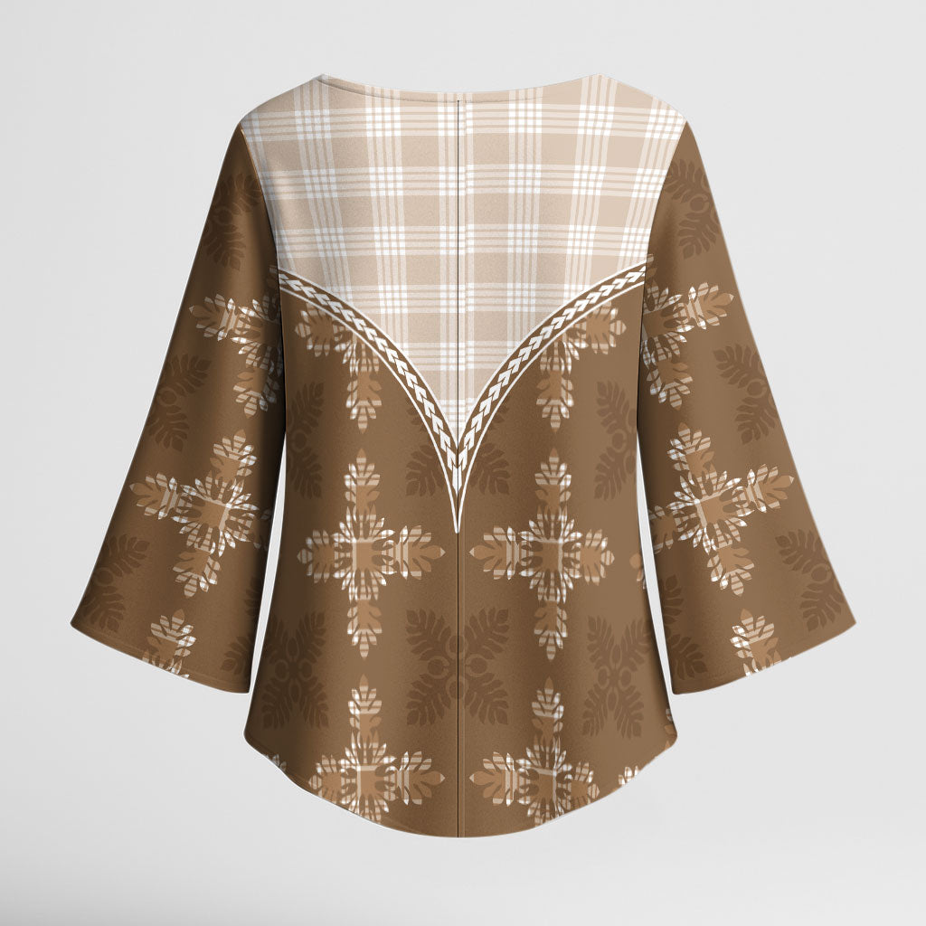 Beige Hawaii Paniolo Quilt Motif Kimono Sleeve Blouse