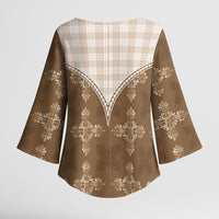 Beige Hawaii Paniolo Quilt Motif Kimono Sleeve Blouse