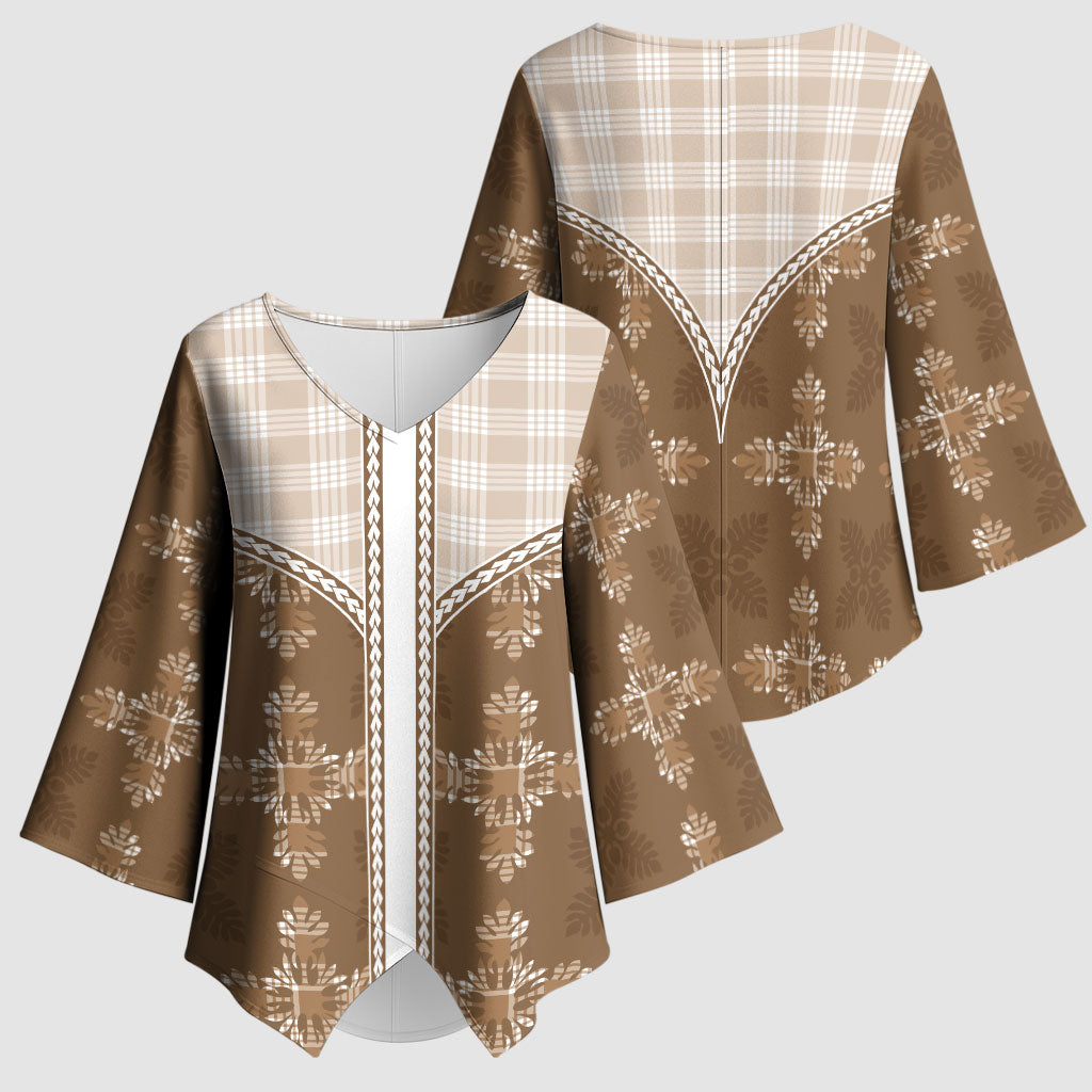 Beige Hawaii Paniolo Quilt Motif Kimono Sleeve Blouse