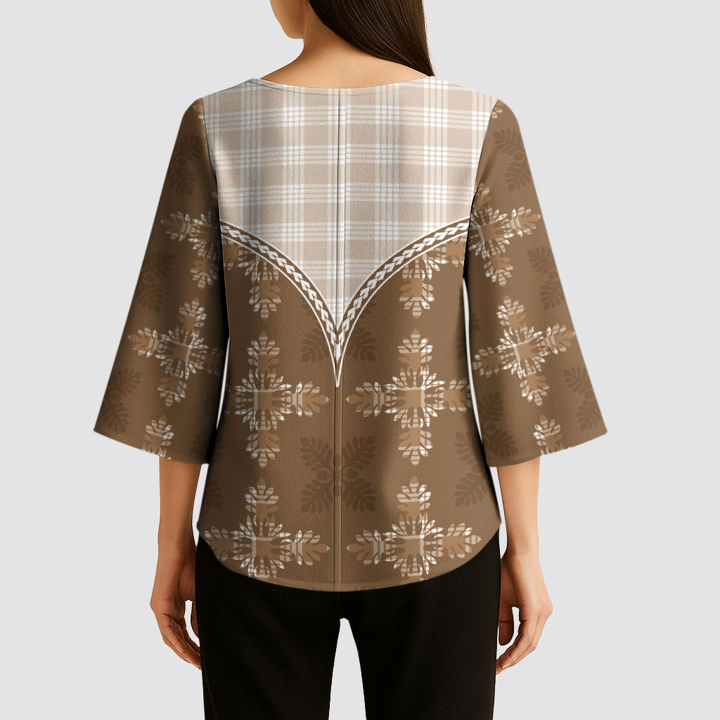 Beige Hawaii Paniolo Quilt Motif Kimono Sleeve Blouse