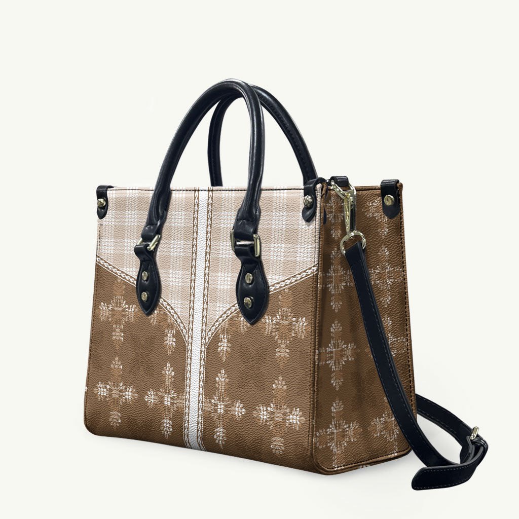 Beige Hawaii Paniolo Quilt Motif Leather Bag