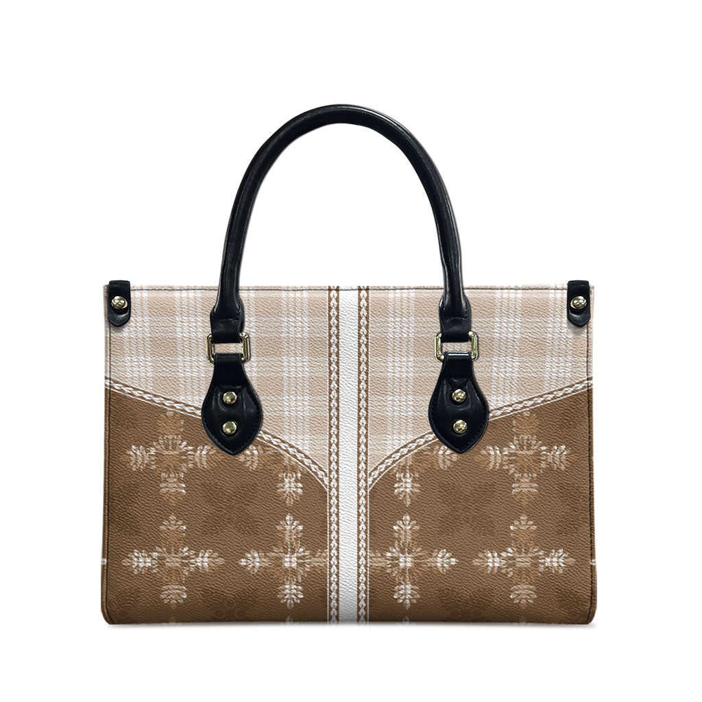 Beige Hawaii Paniolo Quilt Motif Leather Bag