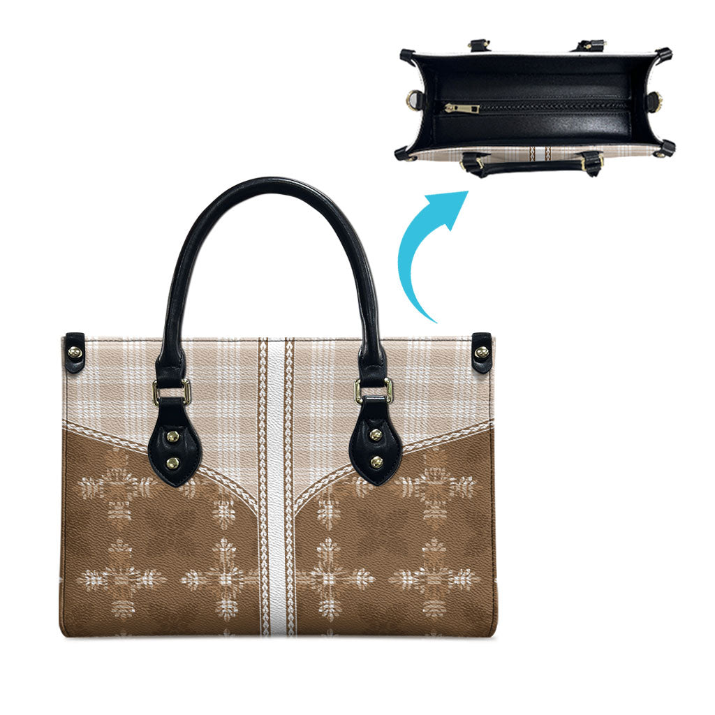 Beige Hawaii Paniolo Quilt Motif Leather Bag