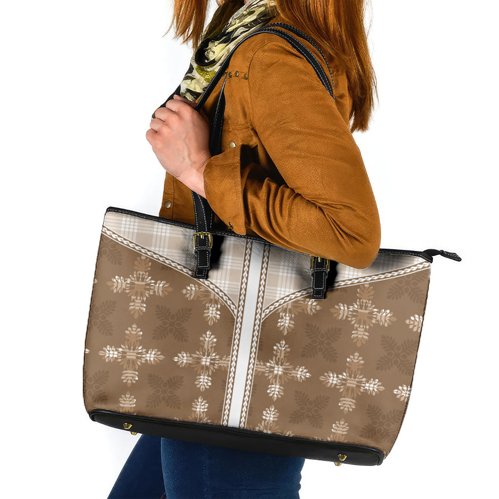 Beige Hawaii Paniolo Quilt Motif Leather Tote Bag