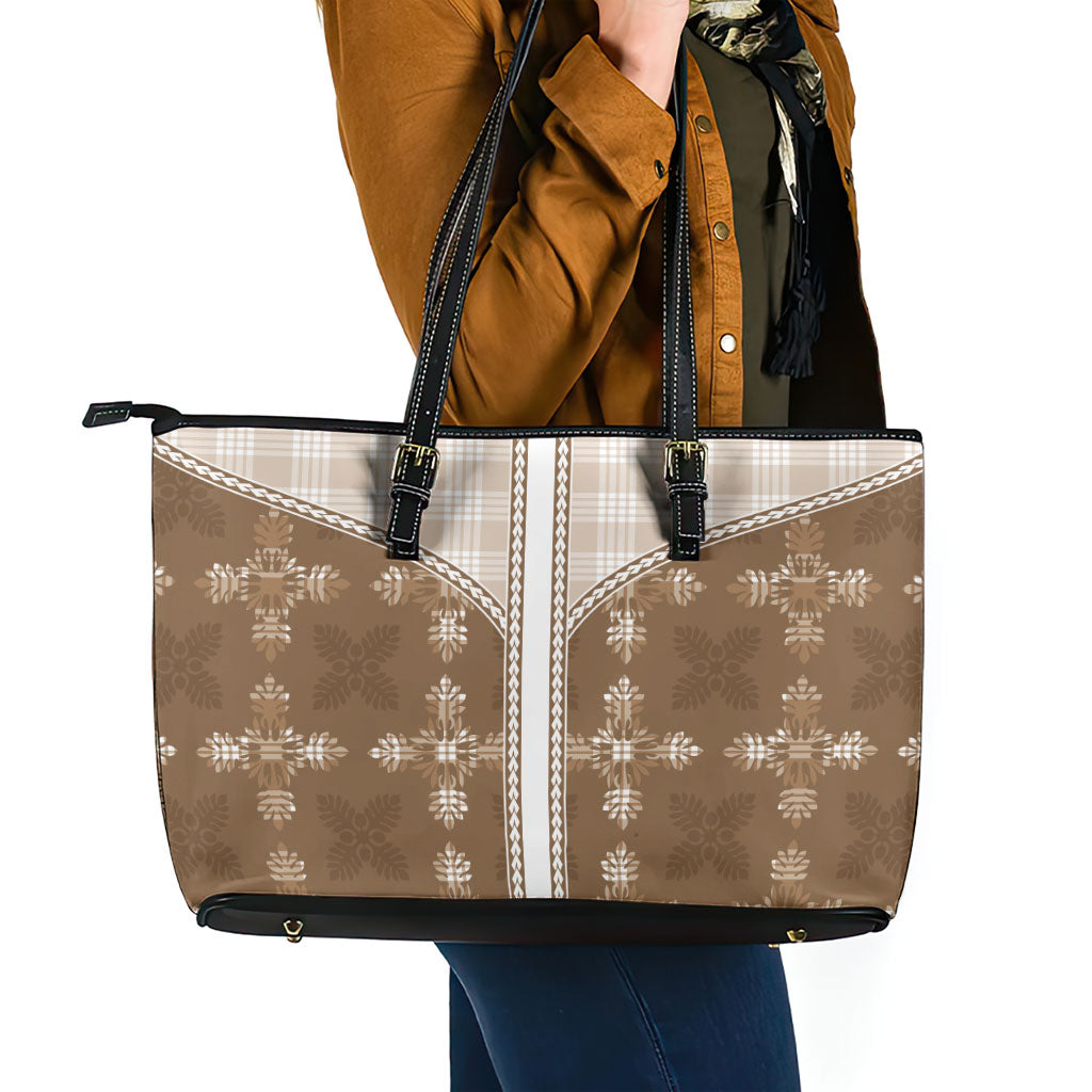 Beige Hawaii Paniolo Quilt Motif Leather Tote Bag