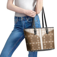 Beige Hawaii Paniolo Quilt Motif Leather Tote Bag