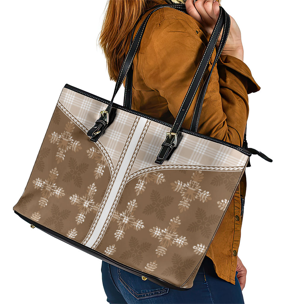 Beige Hawaii Paniolo Quilt Motif Leather Tote Bag