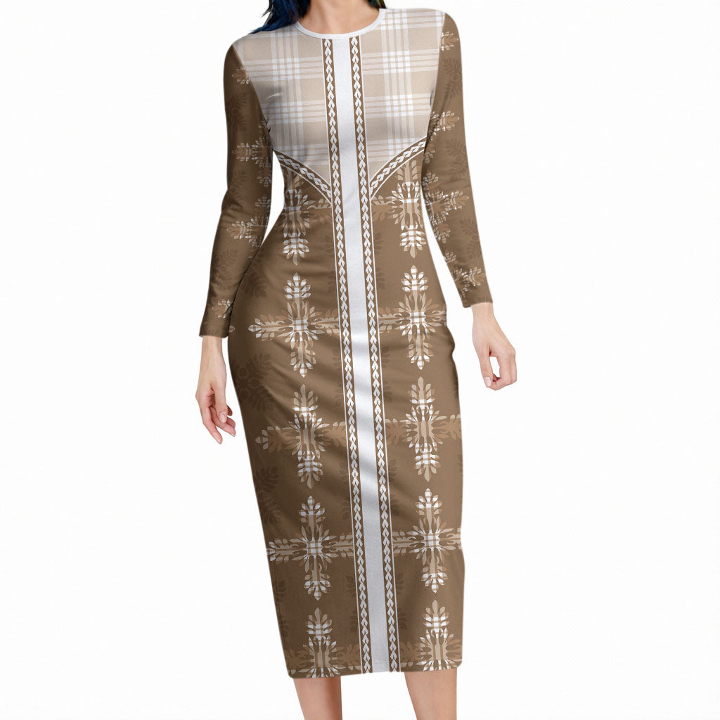 Beige Hawaii Paniolo Quilt Motif Long Sleeve Bodycon Dress