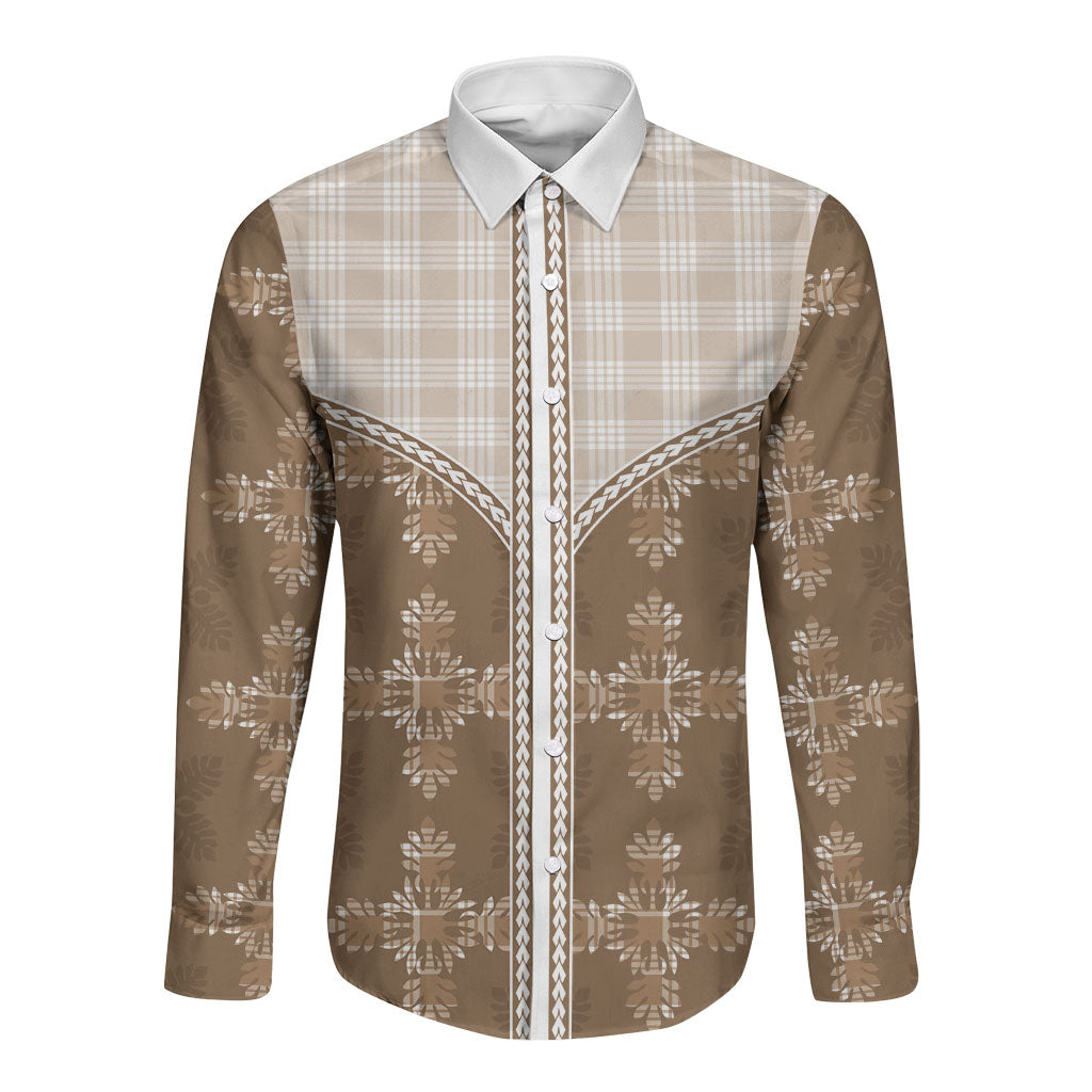 Beige Hawaii Paniolo Quilt Motif Long Sleeve Button Shirt
